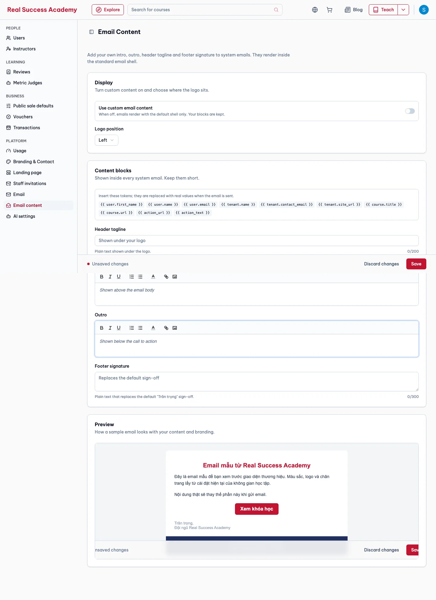 Emails page before edits, desktop