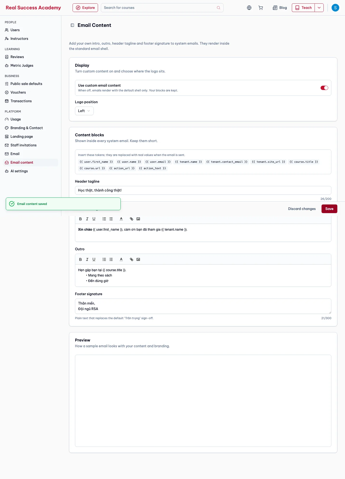 Emails page with blocks filled, desktop