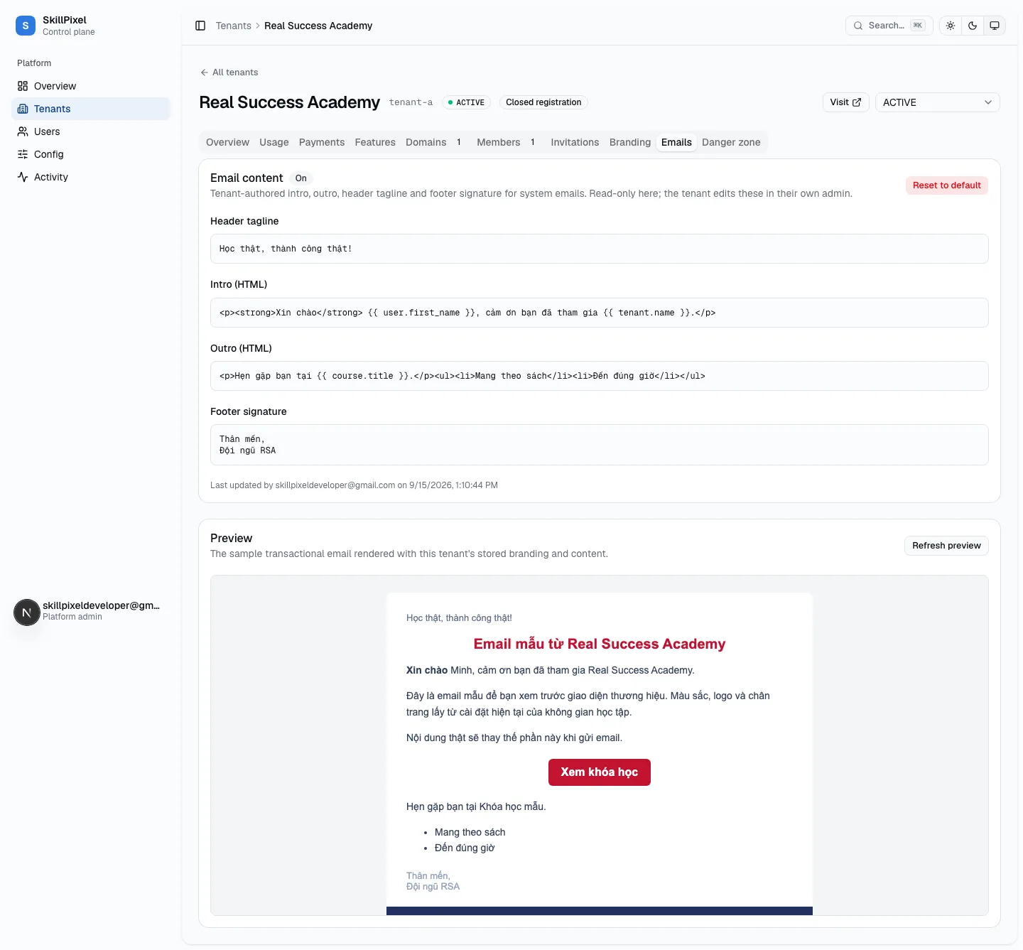 Platform admin read-only Emails tab with preview